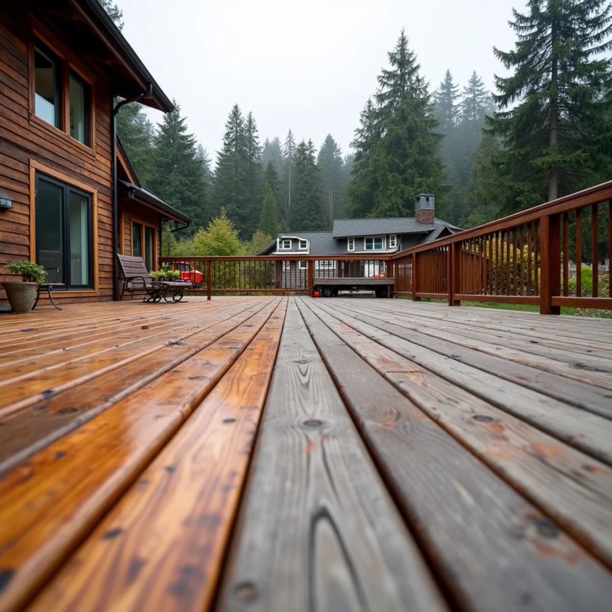 Capped composite deck and natural cedar deck compared in a wet Seattle Pacific Northwest backyard