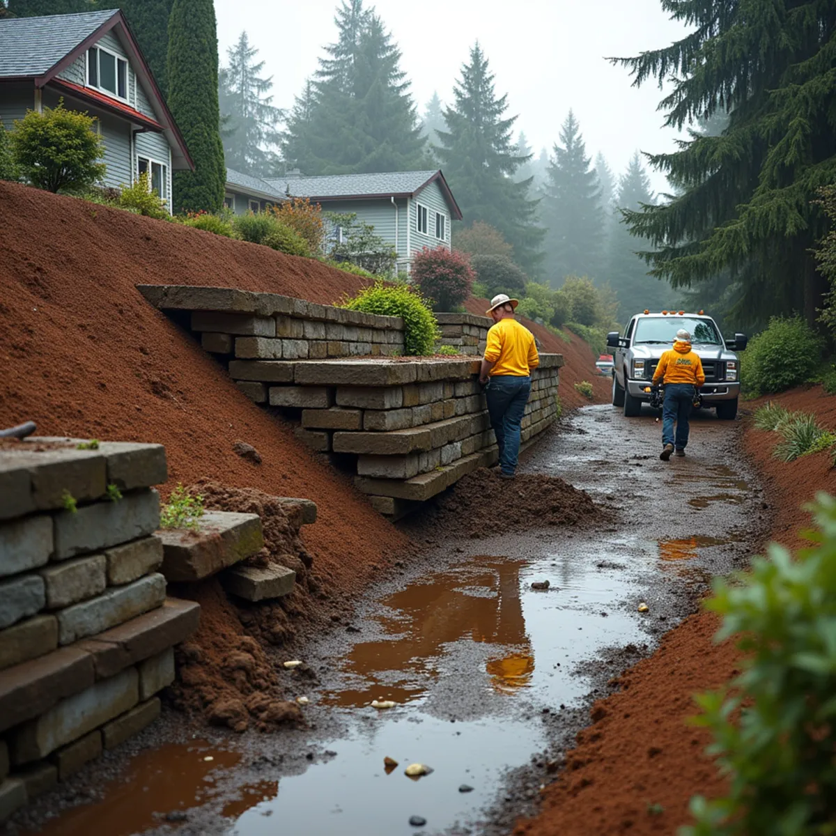 Failing DIY retaining wall bulging under soil load on a King County hillside property