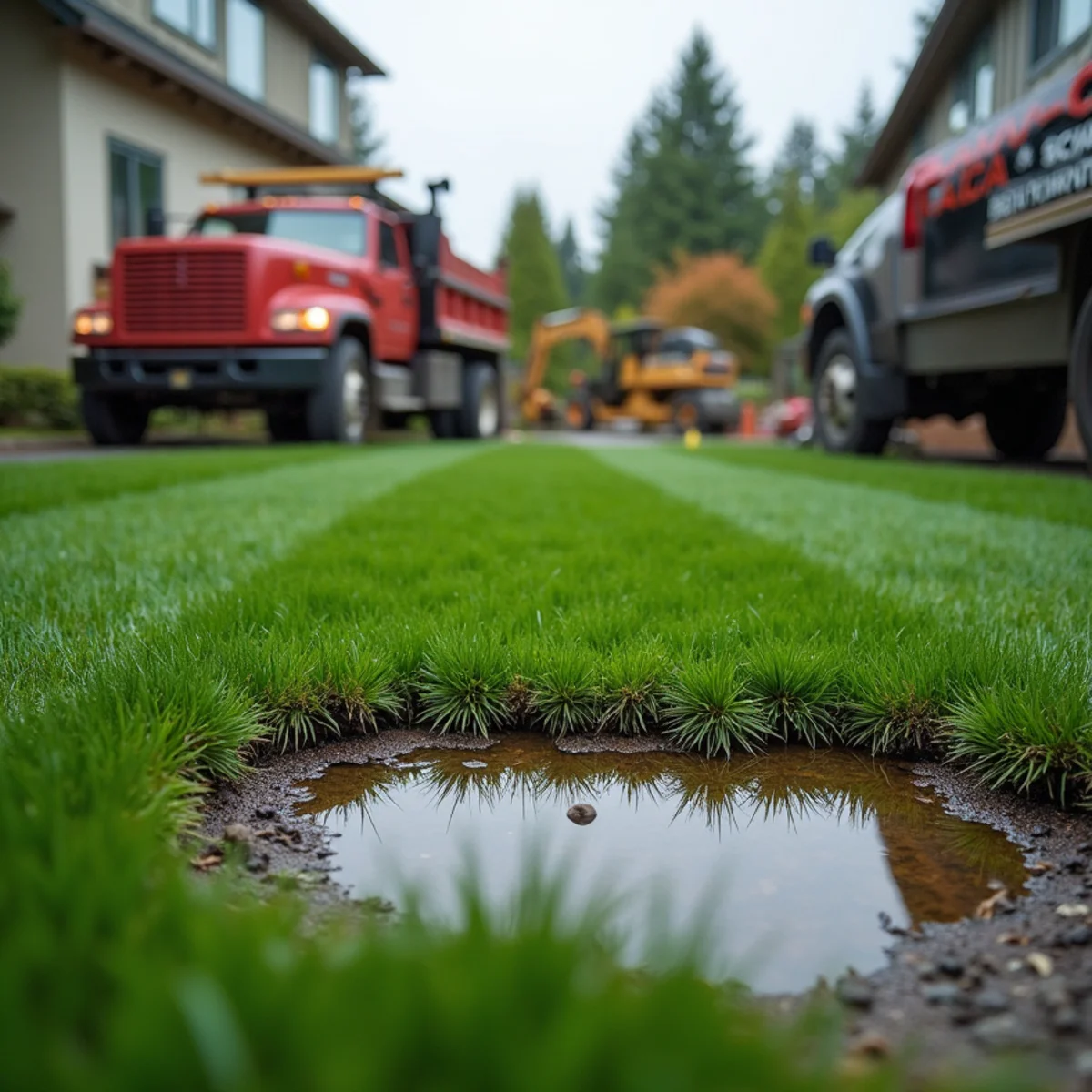 Wrinkled DIY artificial turf with lifting seams on a poorly prepared Seattle lawn base