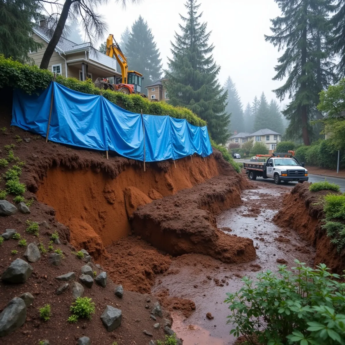 Moving hillside slope with cracked ground in King County requiring emergency slope stabilization