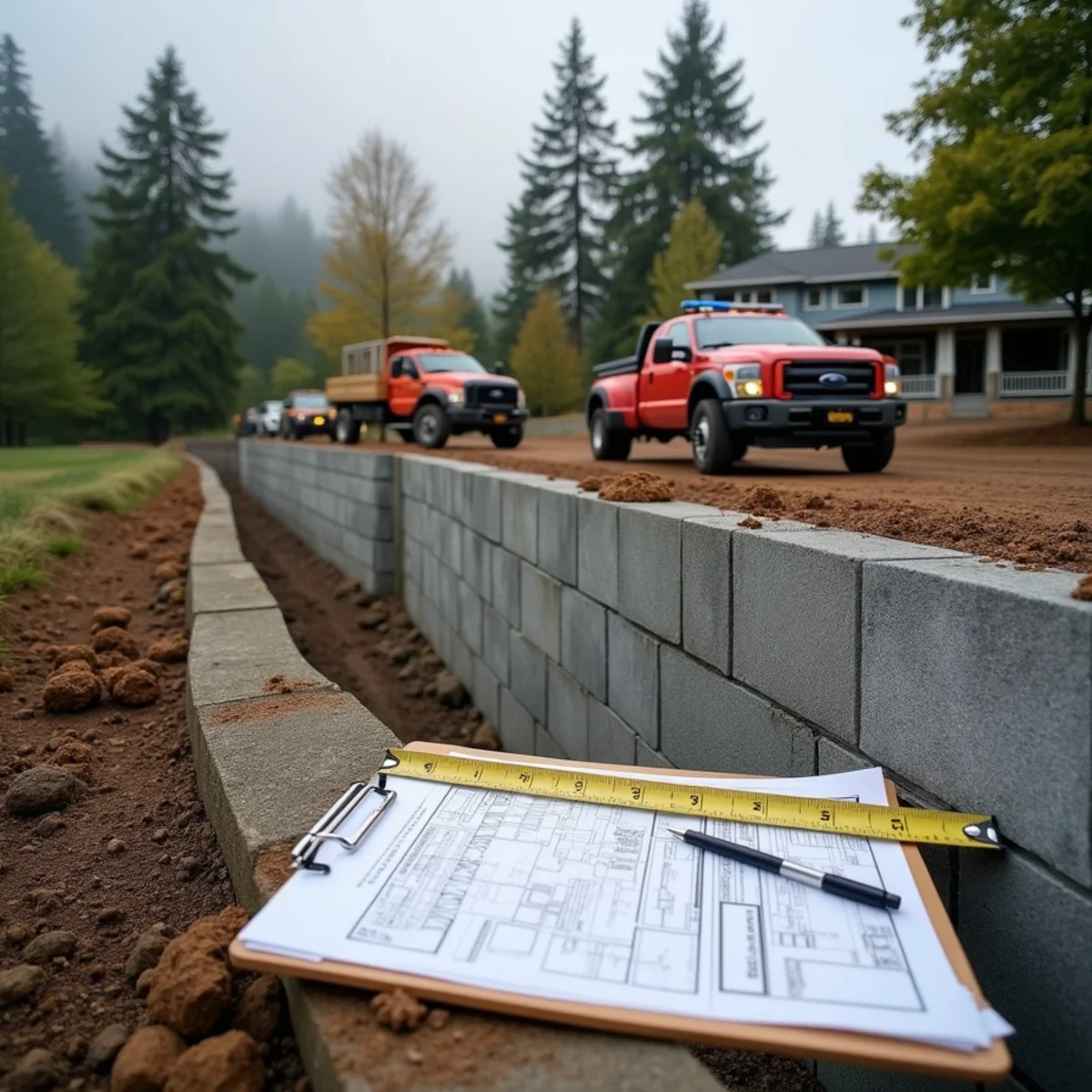 Engineered retaining wall under construction with permit documents on a King County WA hillside lot