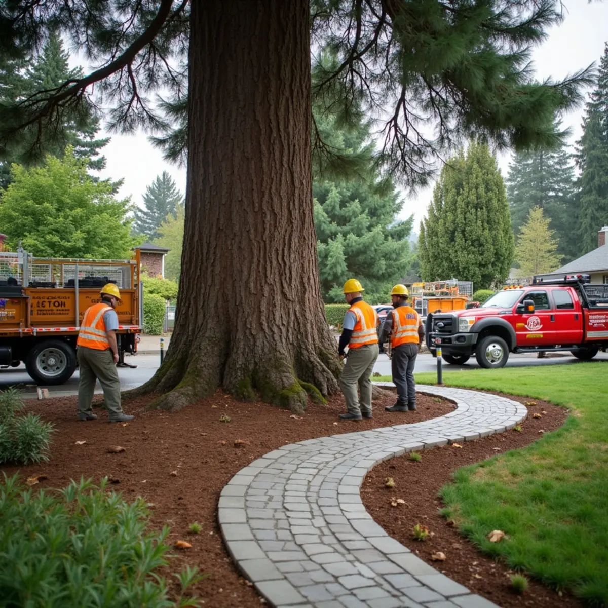 Paver installation near a protected Douglas fir with a marked critical root zone in Kirkland WA