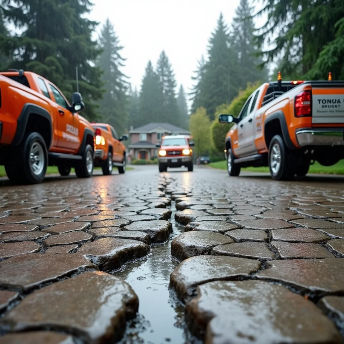 Permeable paver driveway next to a cracked stamped concrete driveway in a Seattle Northwest climate