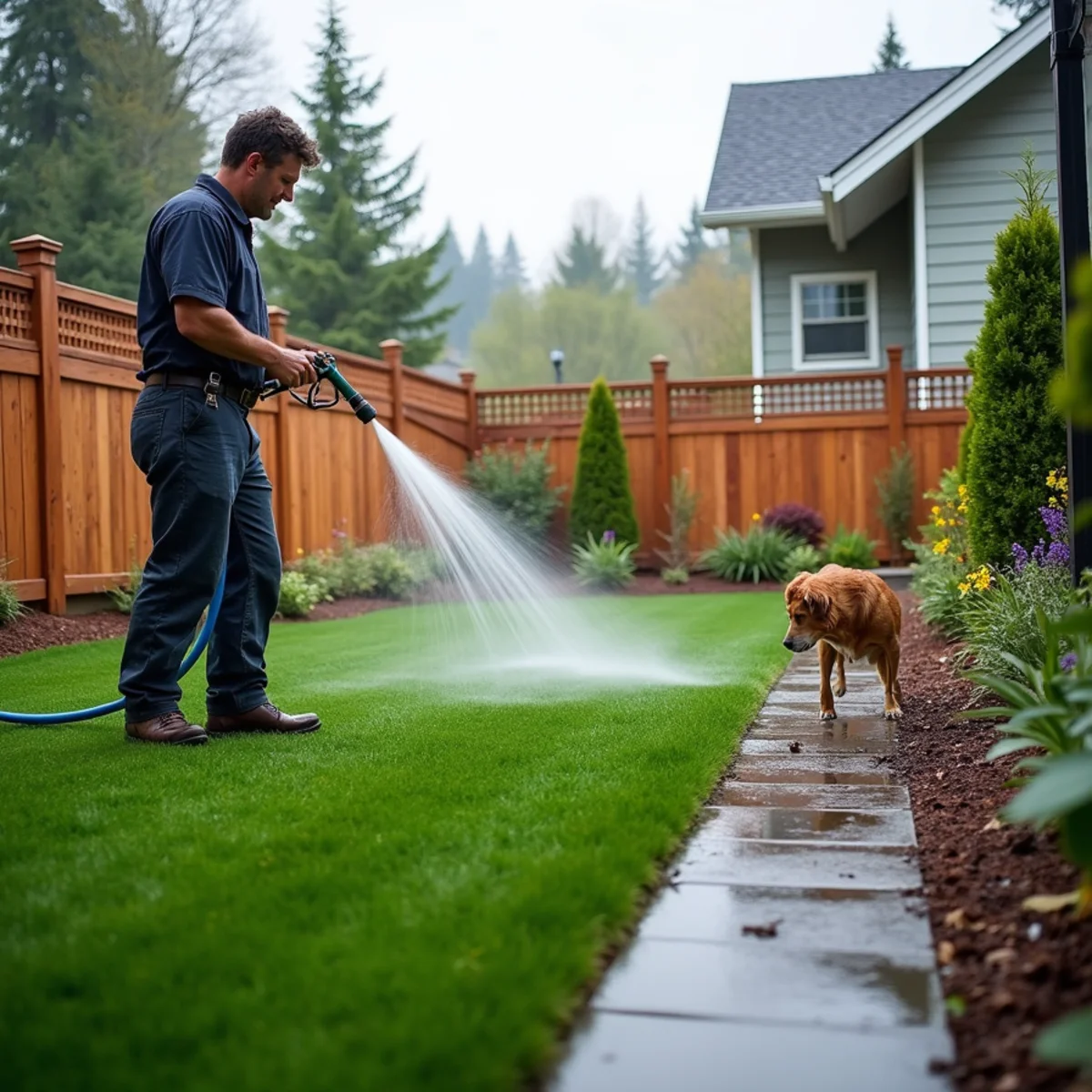 Dog on a clean pet-friendly artificial turf dog run in Seattle designed for odor removal and drainage