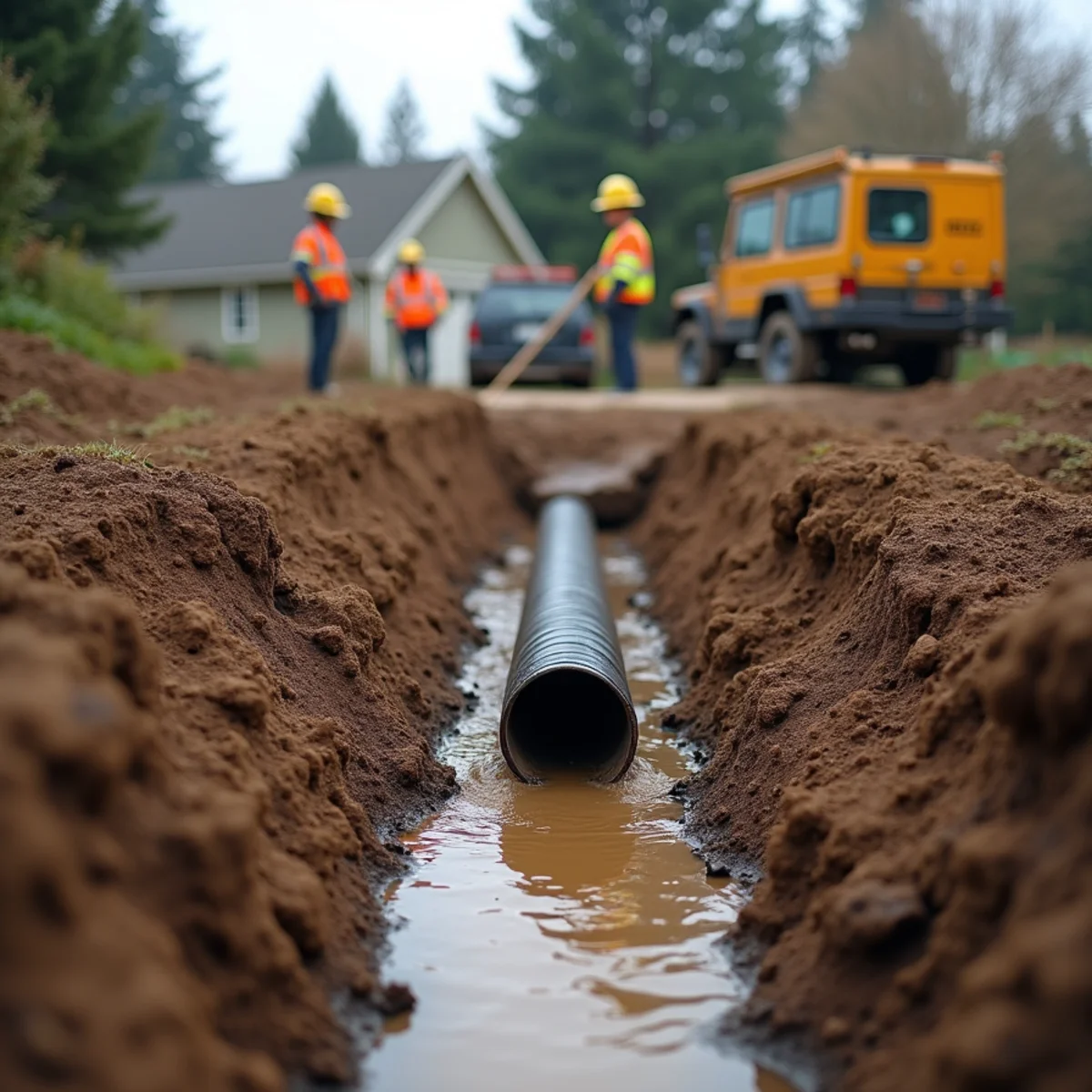 DIY French drain trench dug in Seattle glacial clay hardpan soil with perforated pipe and gravel