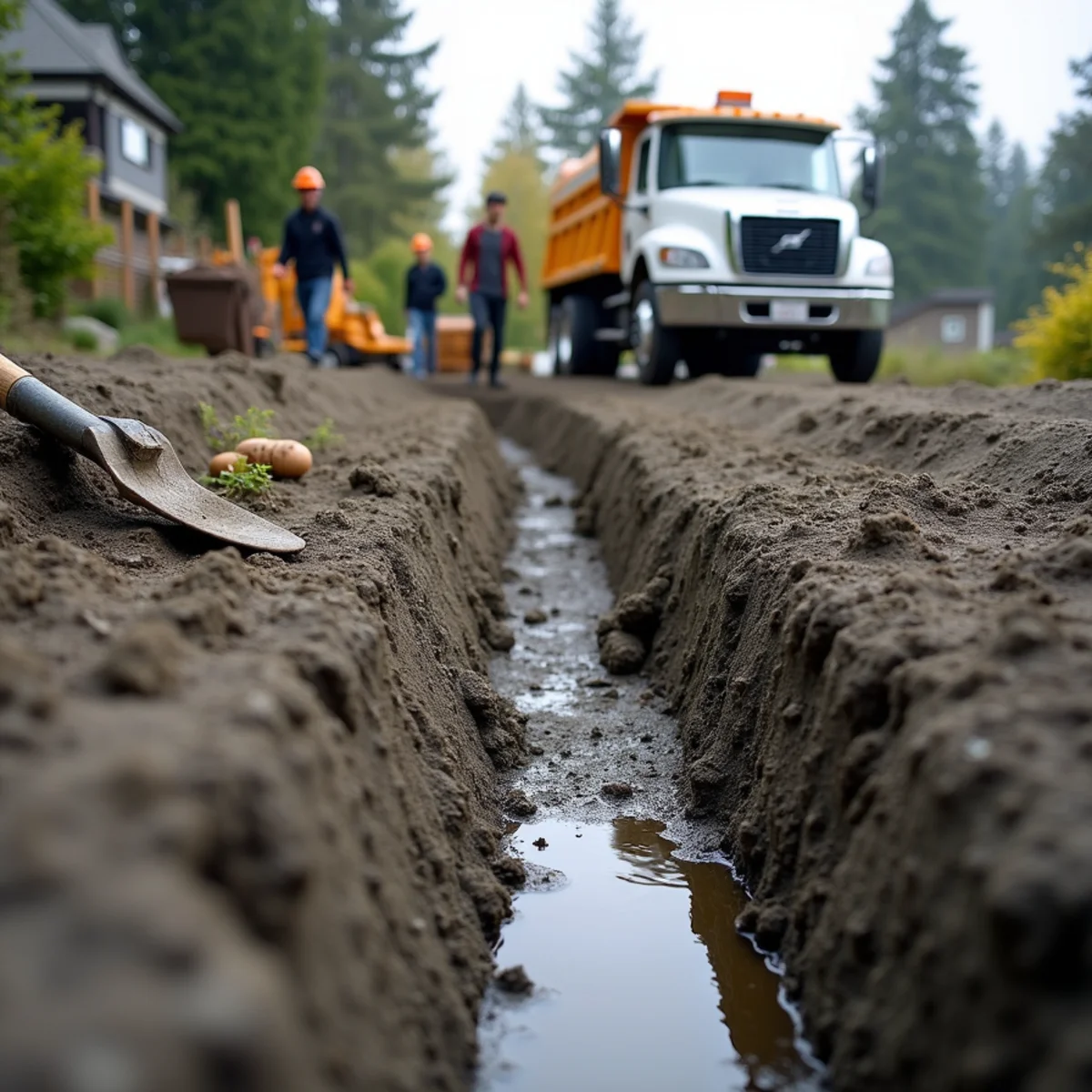 Excavated trench through Seattle hardpan glacial till showing yard drainage solutions for compacted clay
