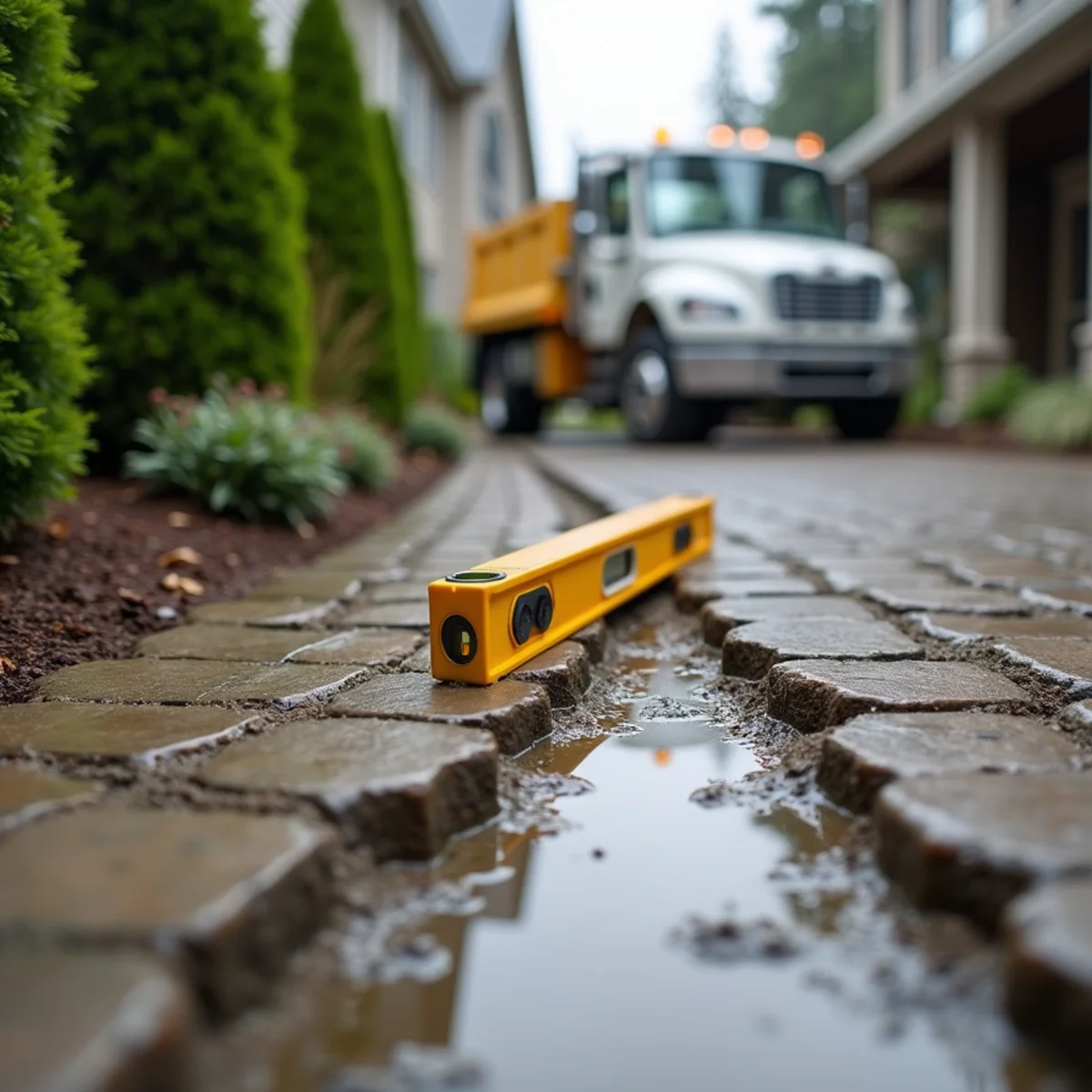 Sunken paver patio with a rainwater puddle in a King County WA backyard needing sub-base repair