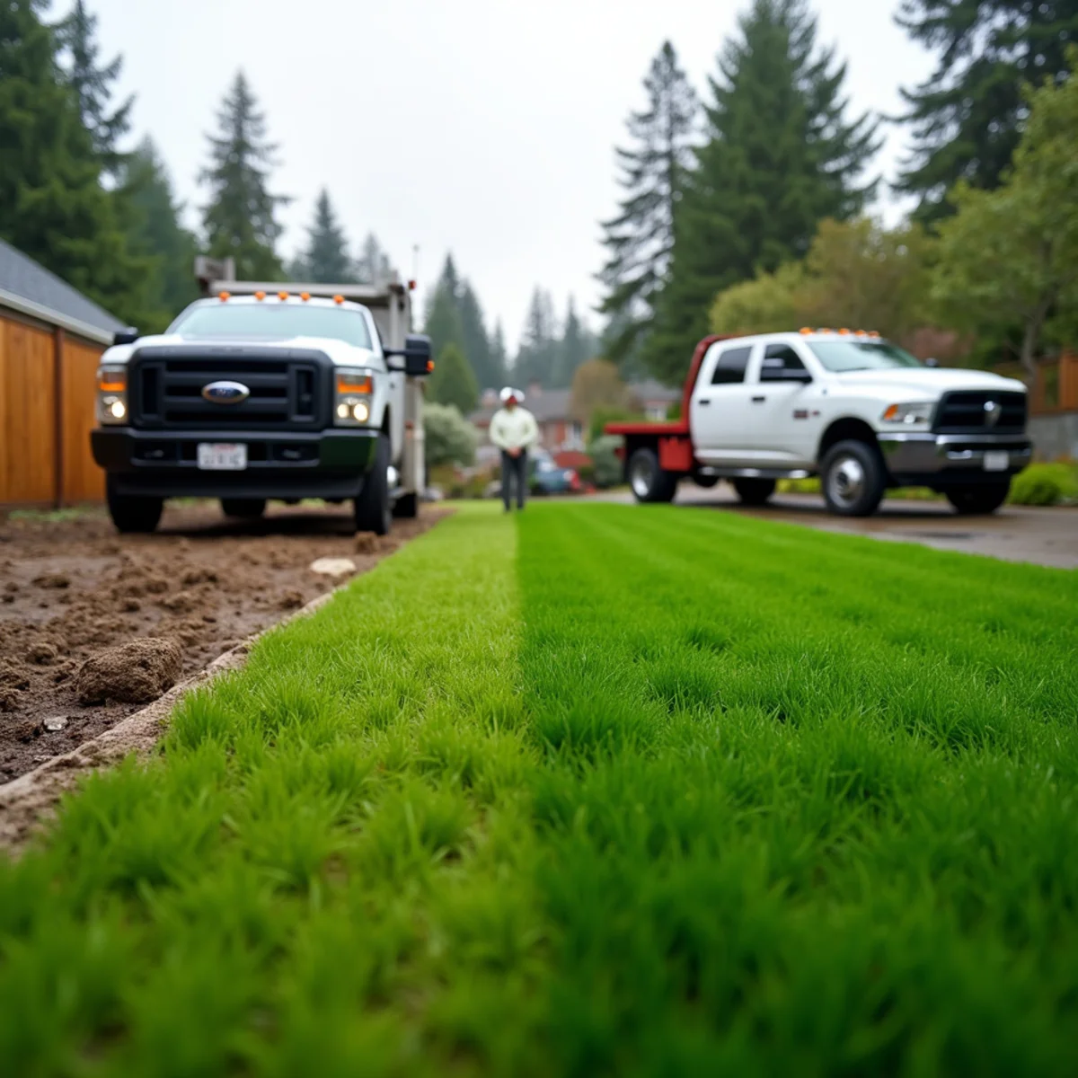 Side-by-side comparison of synthetic turf and natural sod lawn in a Seattle Eastside backyard