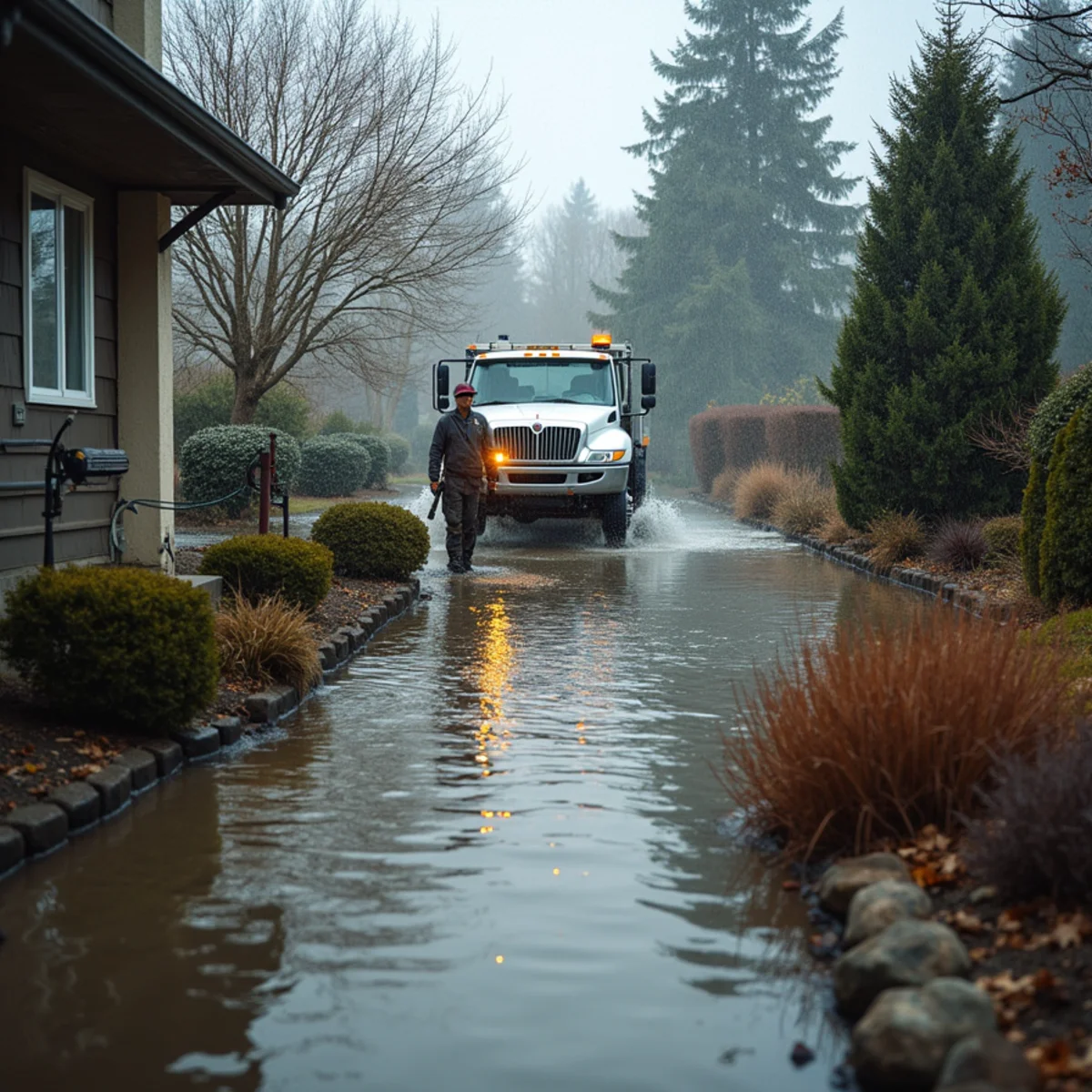 Flooded backyard during a winter storm in Seattle threatening the home foundation and needing drainage protection