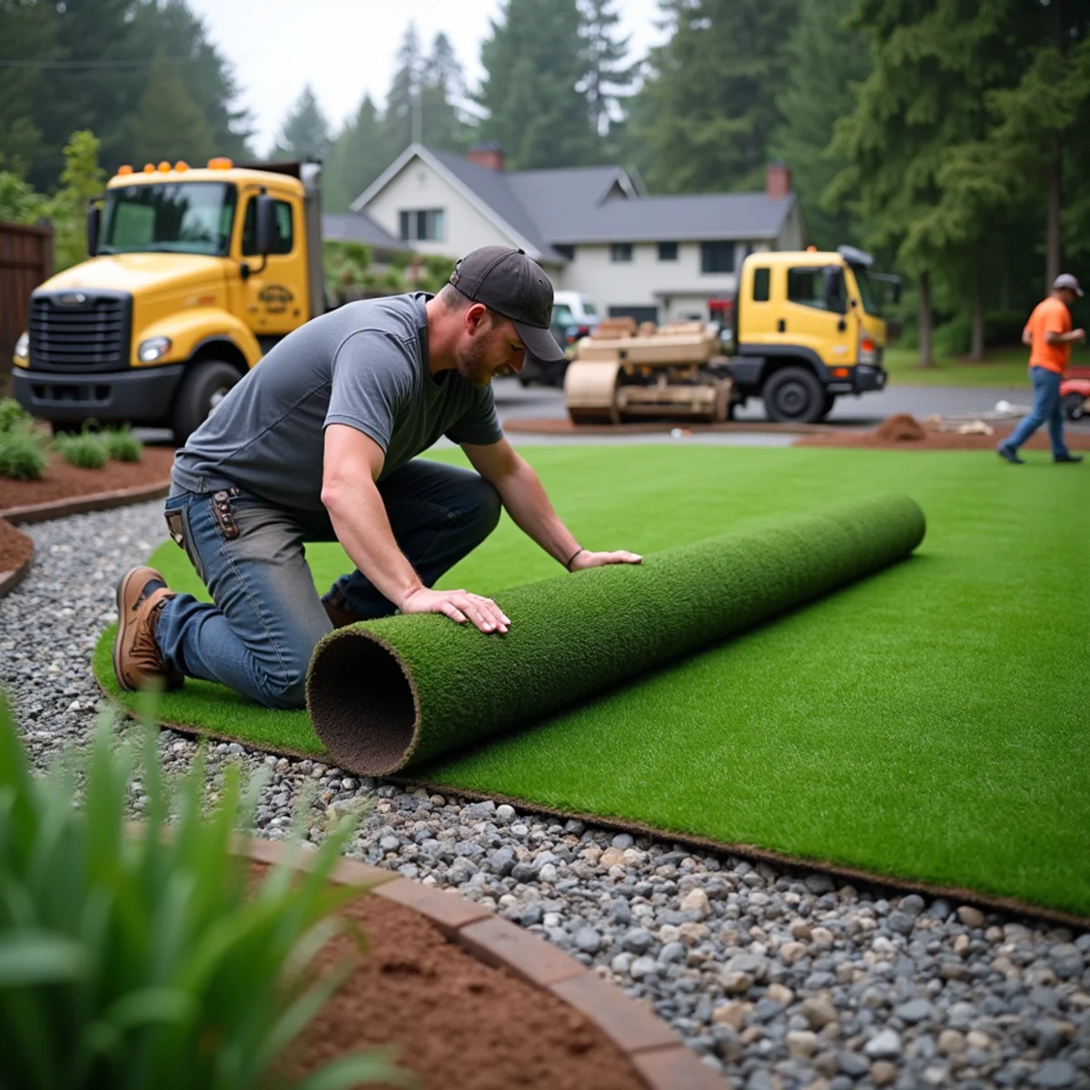 SeattleProTurf crew installing synthetic turf over an engineered aggregate base in Kirkland