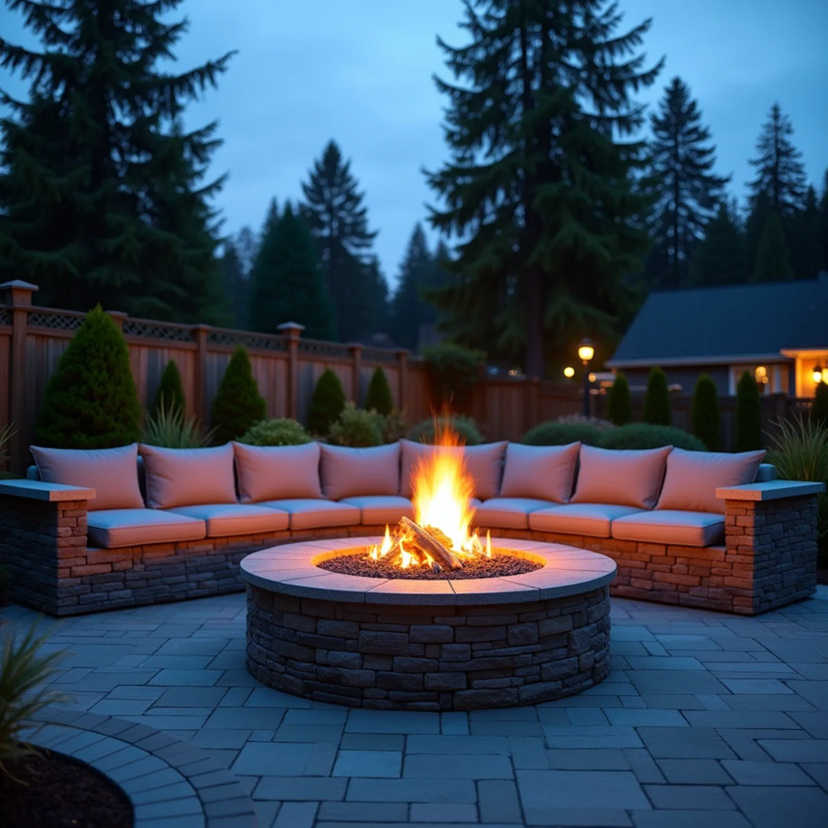 Custom stone fire pit and outdoor living space in Kirkland, WA